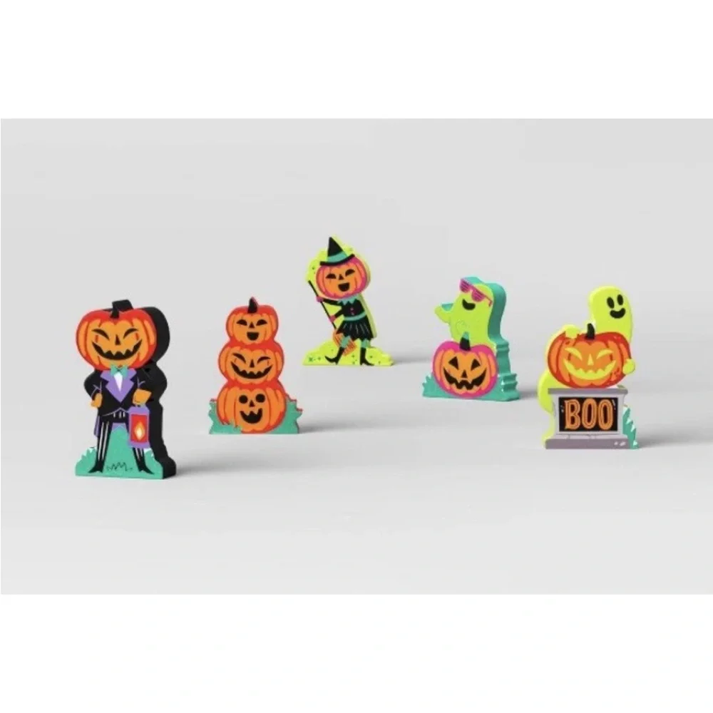 2024 Hyde & Eek Flat 5 Pc Mini Mantle Wood Decor Halloween Tabletop Pumpkin Neon